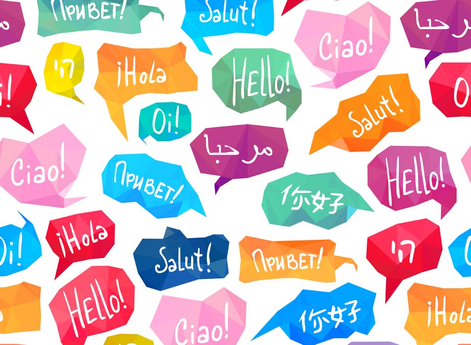 Sprechblasen mit Begrüßungen auf verschiedenen Sprachen